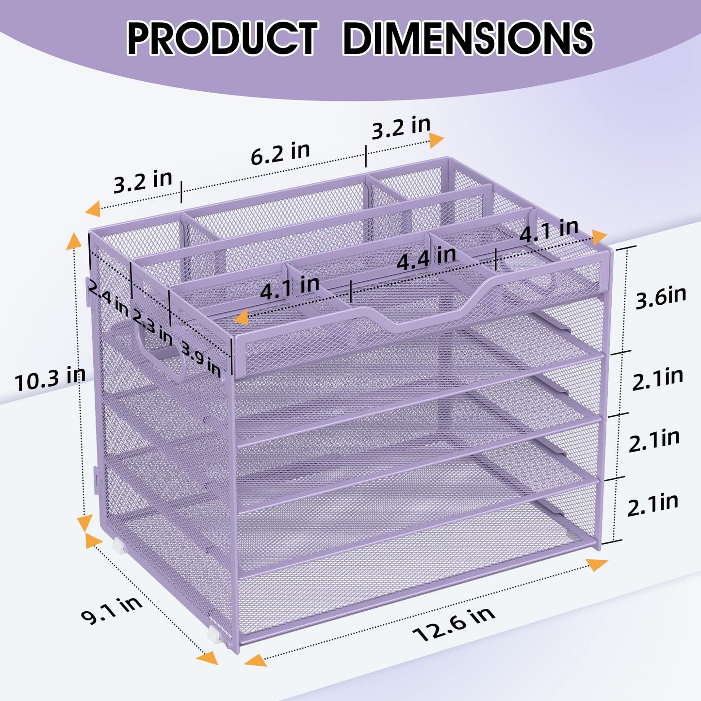 OrgMate 5 Tier Paper Letter Tray with 3 Drop-in Pen Holders, Mesh Desk File Organizer with Handle, Desk Organizers and Accessories for School,Home, Office Supplies Storage-Purple