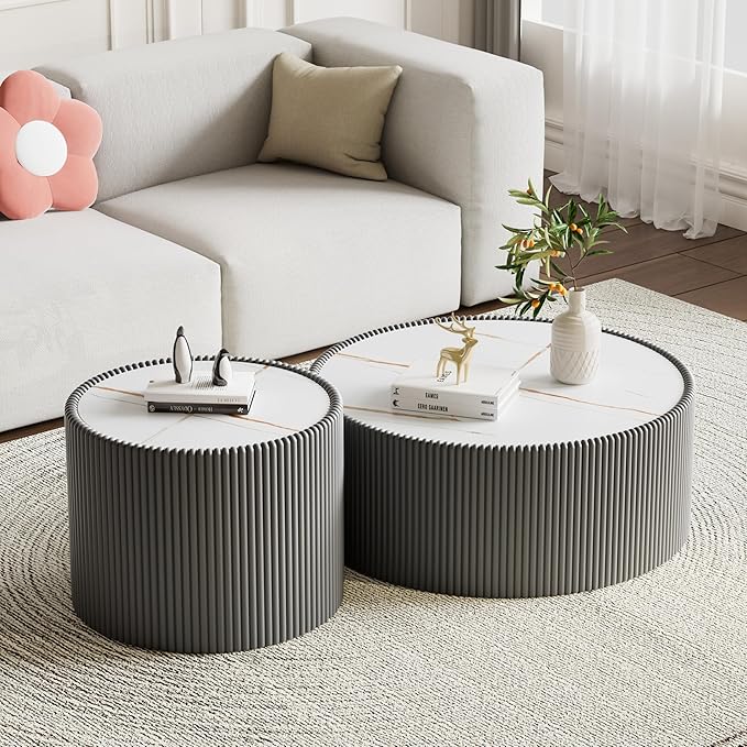SSLine Round Drum Coffee Table Set of 2 Modern Sintered Stone Top Nesting