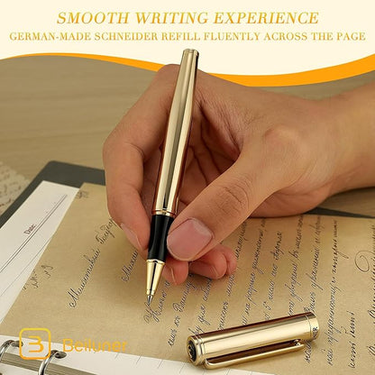 BEILUNER Luxury Gold Rollerball Pen, Stunning Pens with 24K Gold Finish, Noble and Elegant Designs,Schneider Ink Refill, Fancy Gift Set for Men & Women, Executive Writing, Office, Nice Graduation Gift