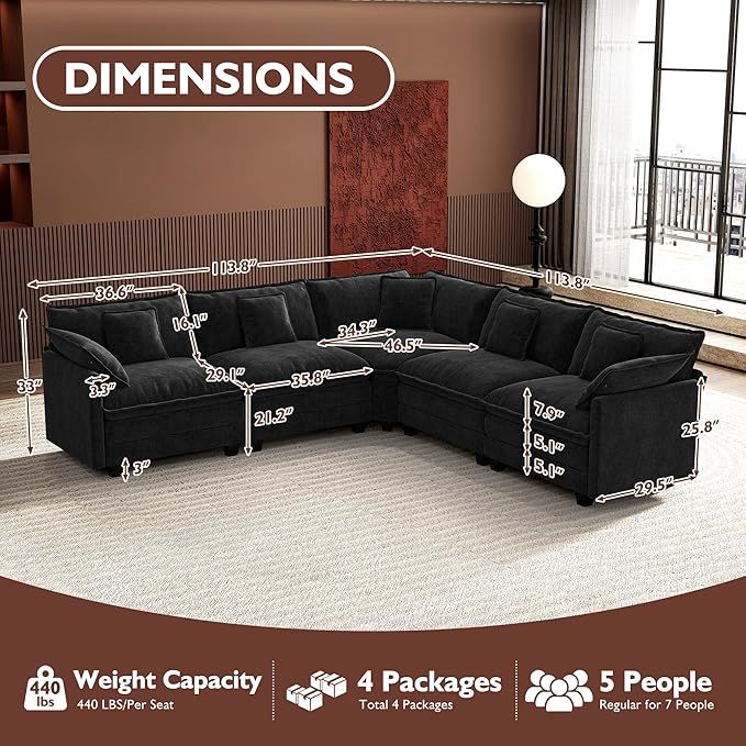 Ihanherry 114" V-Shaped Modern Sofa Modular Sectional Cloud Couch
