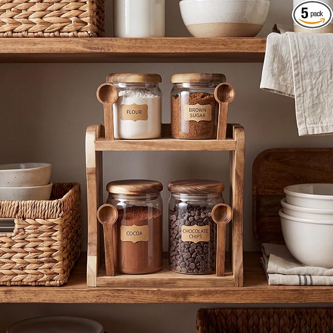Set of 4 (13 & 23 fl oz) Mason Jars w/Solid Acacia Wood Rack & Spoons