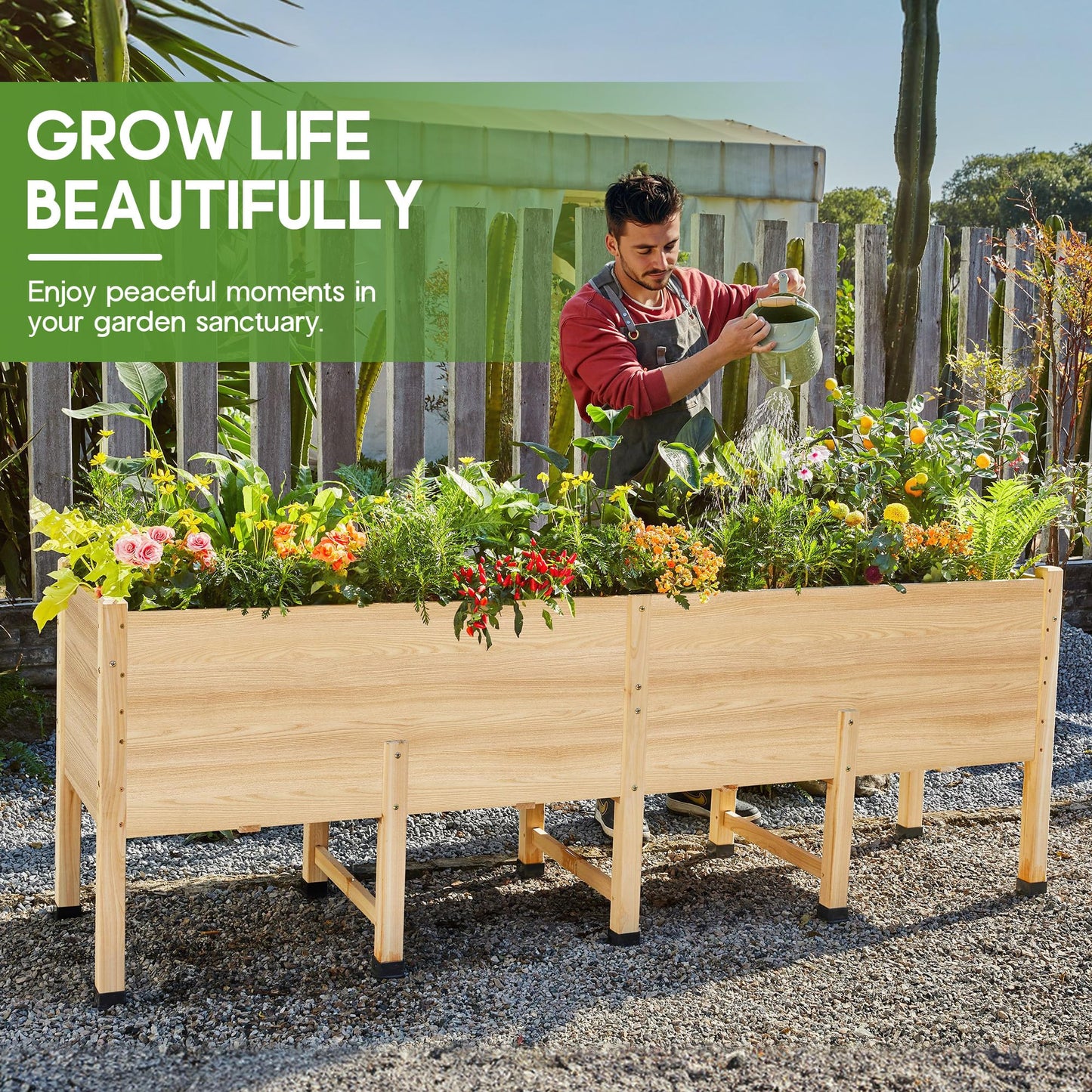 AMERLIFE 7x2 Ft Raised Garden Bed, 16 Inch Depth Featuring Legs, Drainage Holes, Ideal for Deep Rooted Vegetables, Flowers, Herbs, Elevated Wood Planter Box for Balcony, Patio, Backyard, Easy Assembly