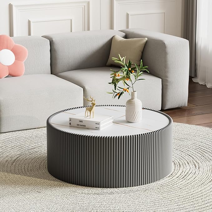 SSLine Round Drum Coffee Table Modern Sintered Stone Top Coffee Table in Grey