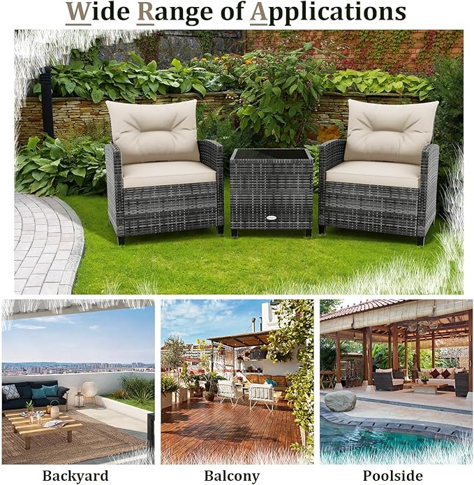 HAPPYGRILL 3 Pieces Patio Conversation Set PE Rattan Outdoor Furniture Sofa Set