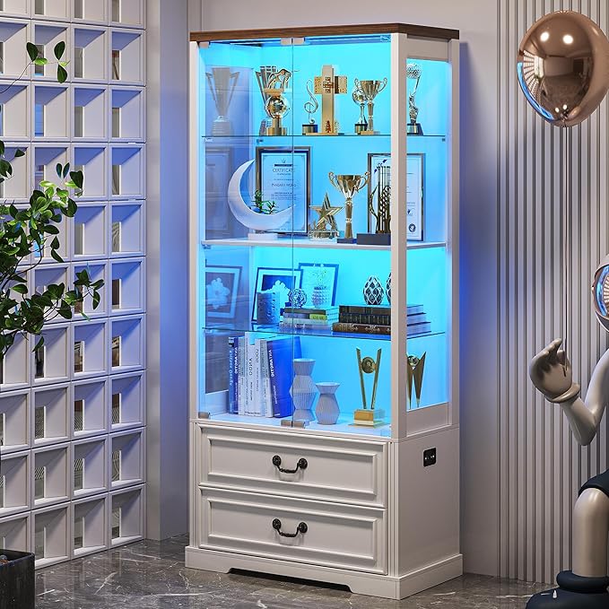 FREDEES Display Cabinet with Glass Doors, Tall Bookcase with 3 Color Lights and