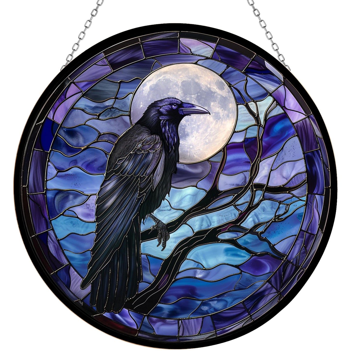 365CUSGIFTS Moon Crow Stained Glass Window Hanging Sun Catcher Halloween Haning Ornament Decoration Christmas Birthday Gifts for Lover and Friends