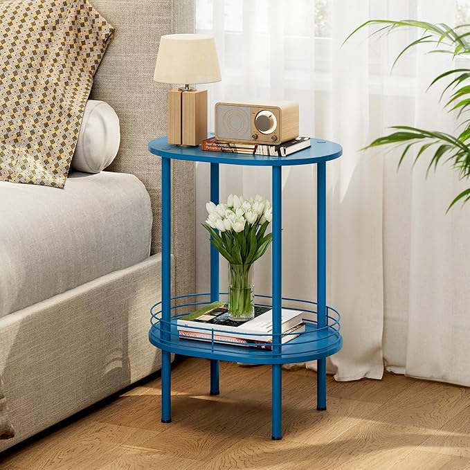 DGSANDGO Blue Oval Side Table, Side Tables Living Room, 2-Tier Nightstand