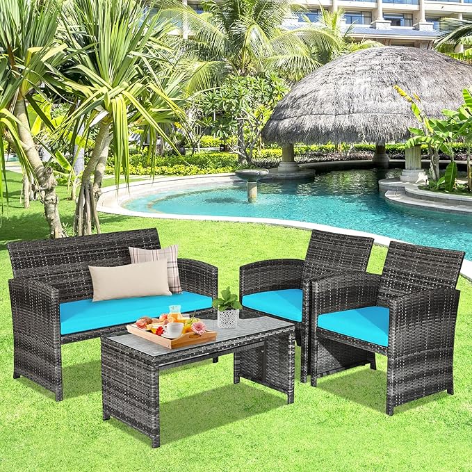 Goplus 4-Piece Rattan Patio Furniture Set, Outdoor Wicker Conversation Sofa