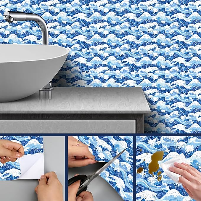 HOMETITUTE Ocean Blue Wave Pattern Wallpaper Peel and Stick Self Adhesive Vinyl