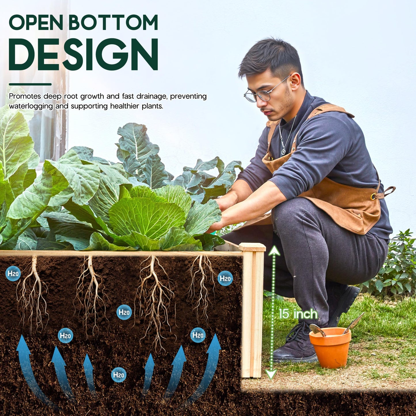 SPECRAFT 15 Inch Depth 8x4 FT Deep Wooden Raised Garden with Open Base, Extra Large Planter Box for Deep-Rooted Plants, Ideal for Outdoors, Patio, Backyard