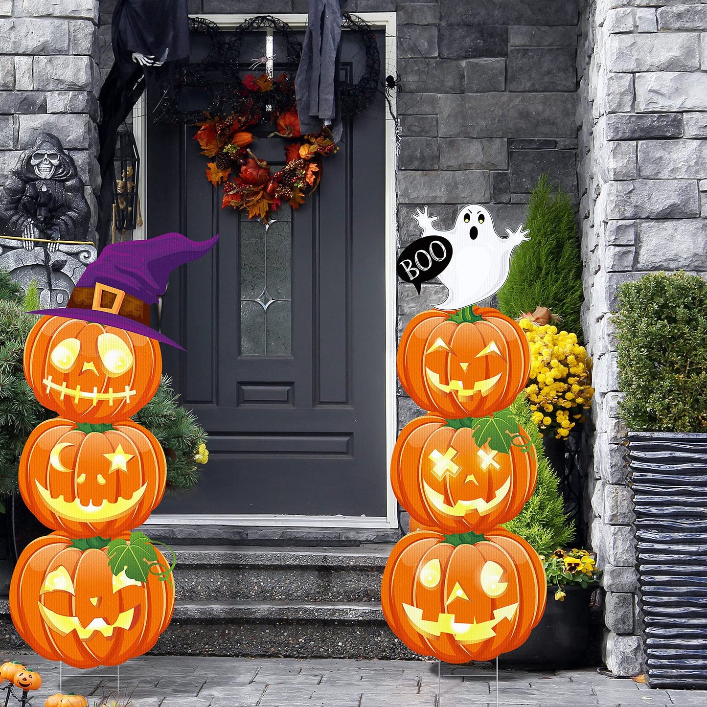 Jetec 2 Pcs 44 Inch Outdoor Halloween Decorations Light up Pumpkin Yard Stakes Plastic Stacked Pumpkin Witches Hat Boo Ghost Stake Sign with LED String Lights for Outside Home Lawn Pathway Party