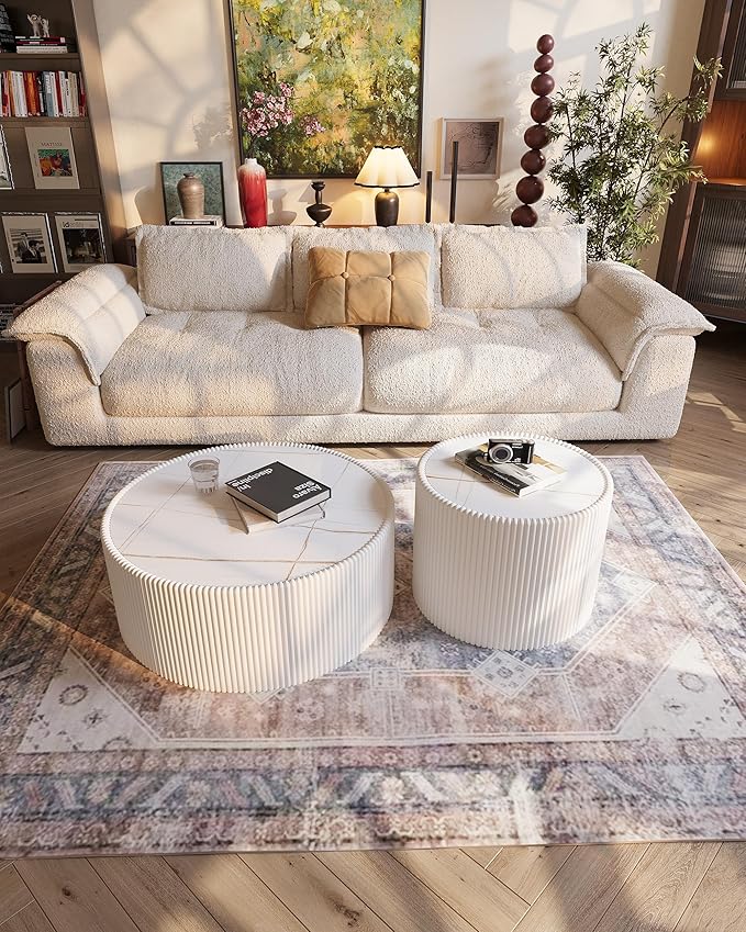 White Marble Round Coffee Table, 29.52" Fluted Coffee Table