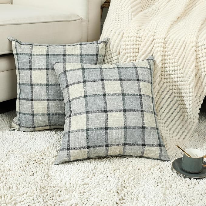 Stellhome Pack of 2 Linen Buffalo Check Throw Pillow Covers, Farmhouse Plaid