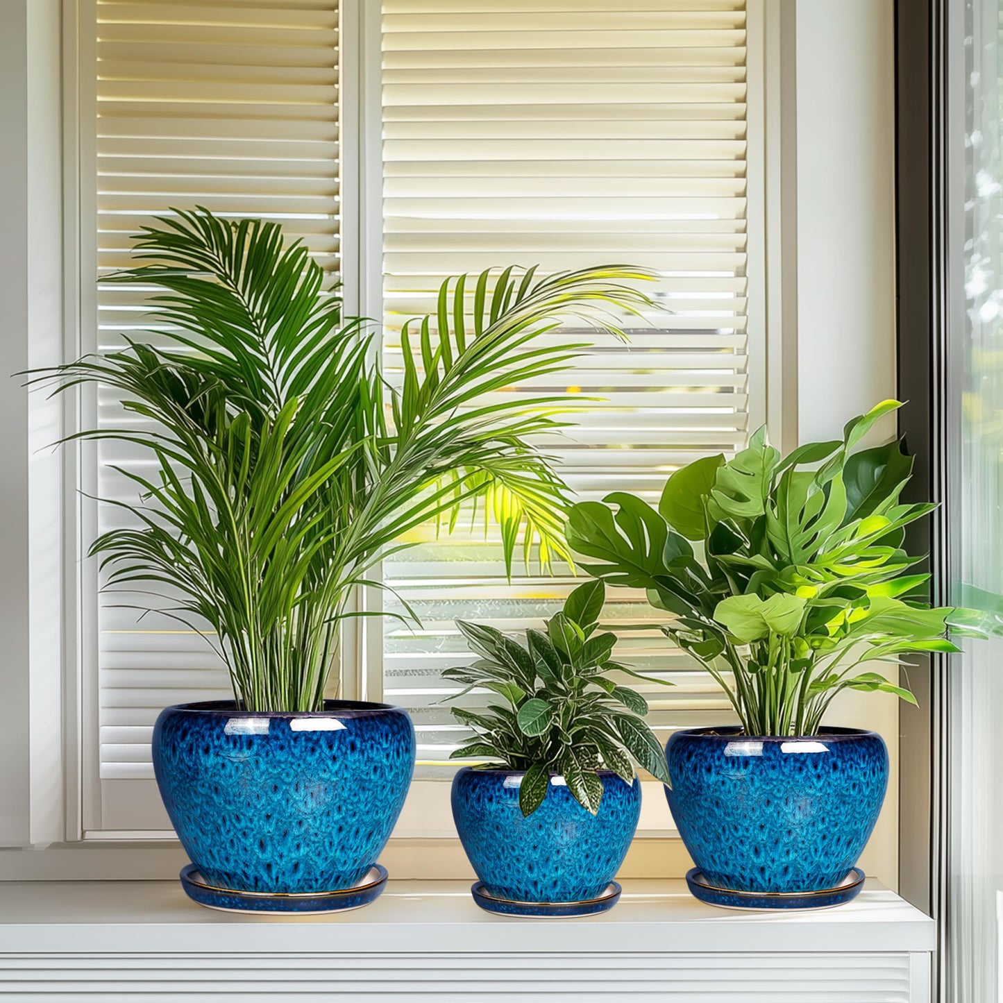 EPFamily Ceramic Plant Pots Indoor, 10 Inch 8 Inch 6 Inch Round Planters Pots for Indoor Outdoor Plants, Modern Large Flower Pots with Drainage Holes and Saucers, Set of 3, Blue