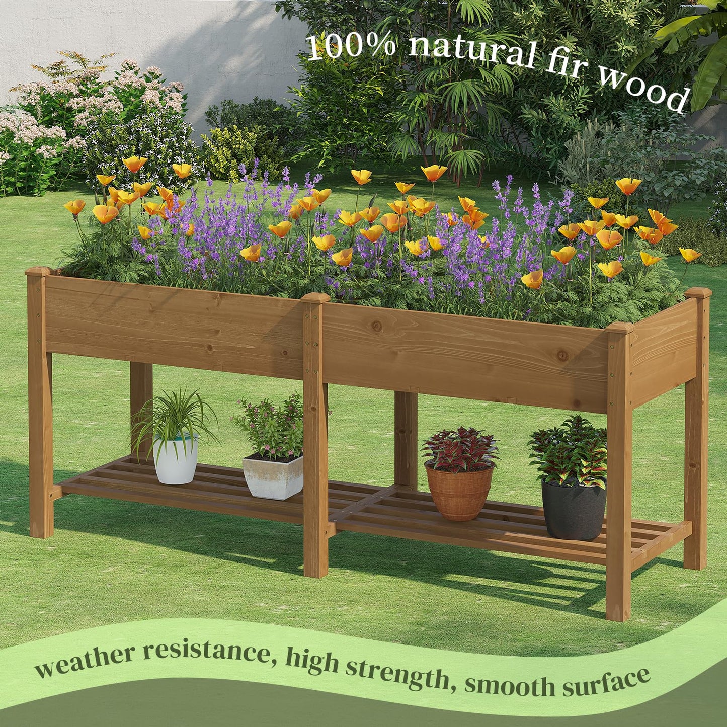 PULIJIAJU Wooden Raised Garden Bed, Planter Box with Legs, Garden Planter with Divider Bag for Backyard, Patio, Balcony, Planter Stand Box for Herbs and Vegetables (Brown-L)