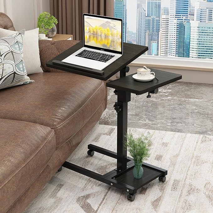 Mobile Height Adjustable Laptop Desk with Mouse Pad, Portable Laptop Desk Rolling Tiltable Table with Small Side Table for Couch,Rolling Computer Stand
