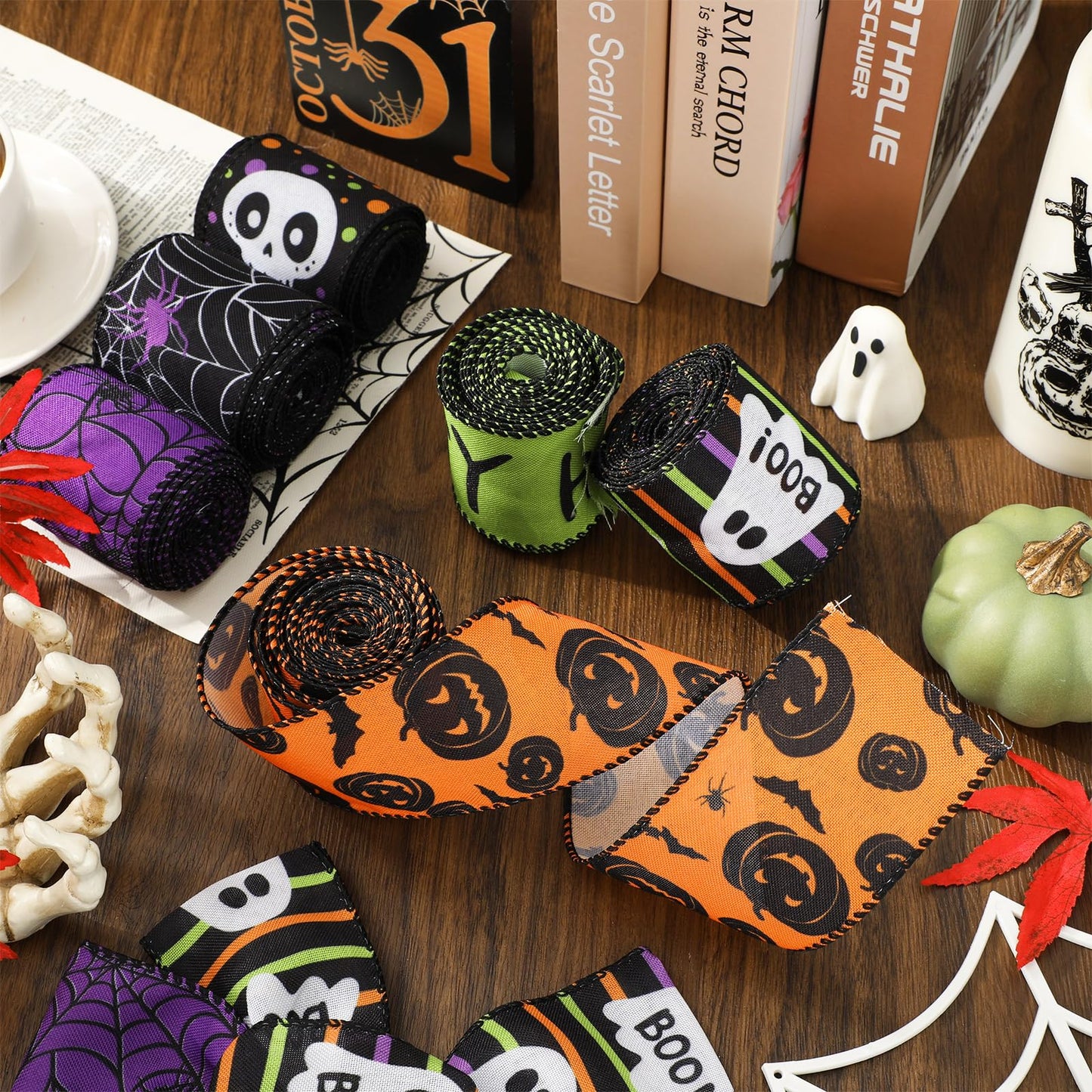 Whaline 6 Roll Happy Halloween Wired Edge Ribbon Ghost Boo Pumpkin Skull Spider Ribbon Colored Fabric Ribbons for Wreath Bow Making DIY Crafts Wrapping, 30 Yard