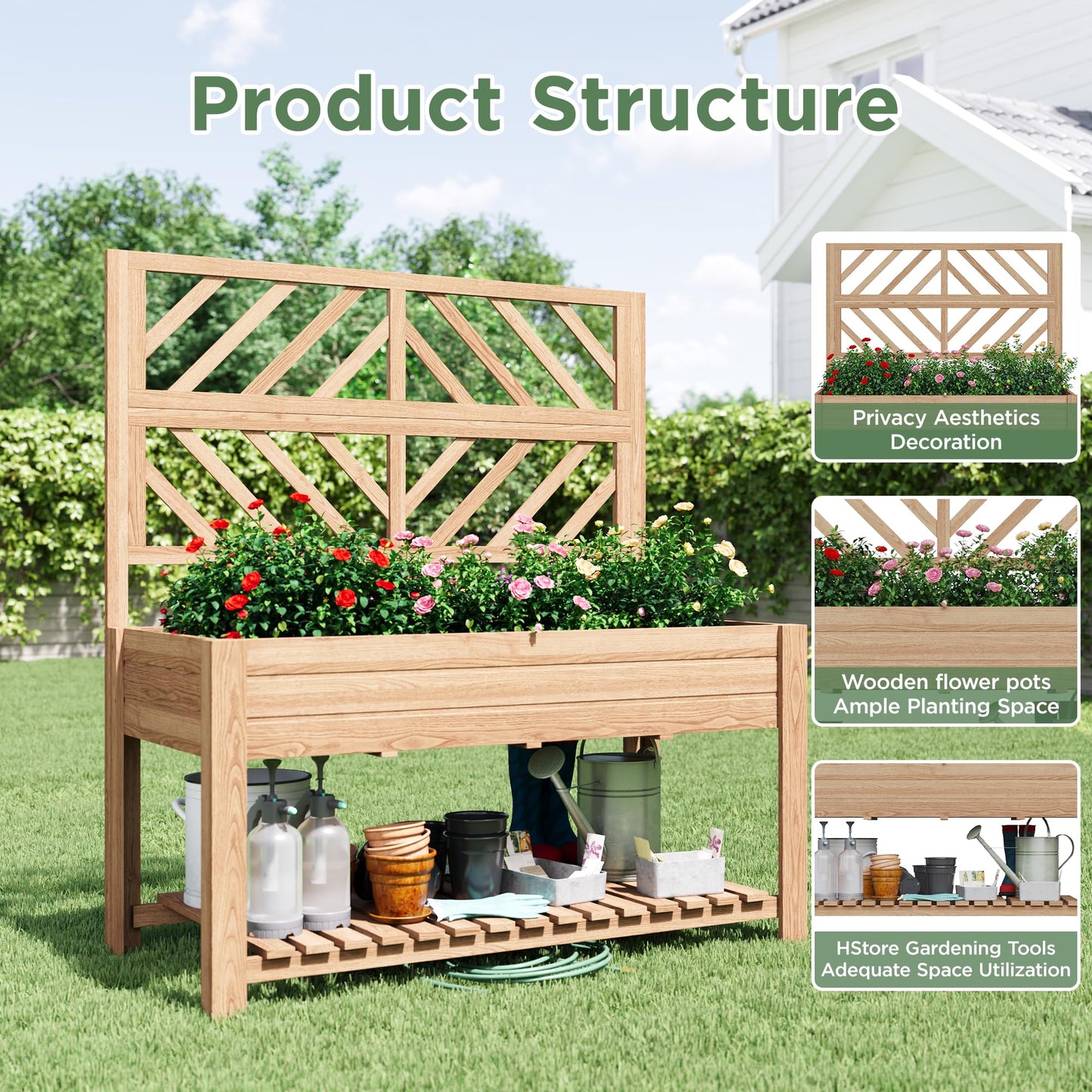 Vabches Wooden Elevated Raised Garden Bed with Trellis,47x24x55 in Planter Box with Legs and Storage Shelf,FreeStanding Gardening Planter for Flower Herb Vegetable Fruit Climbing Vines