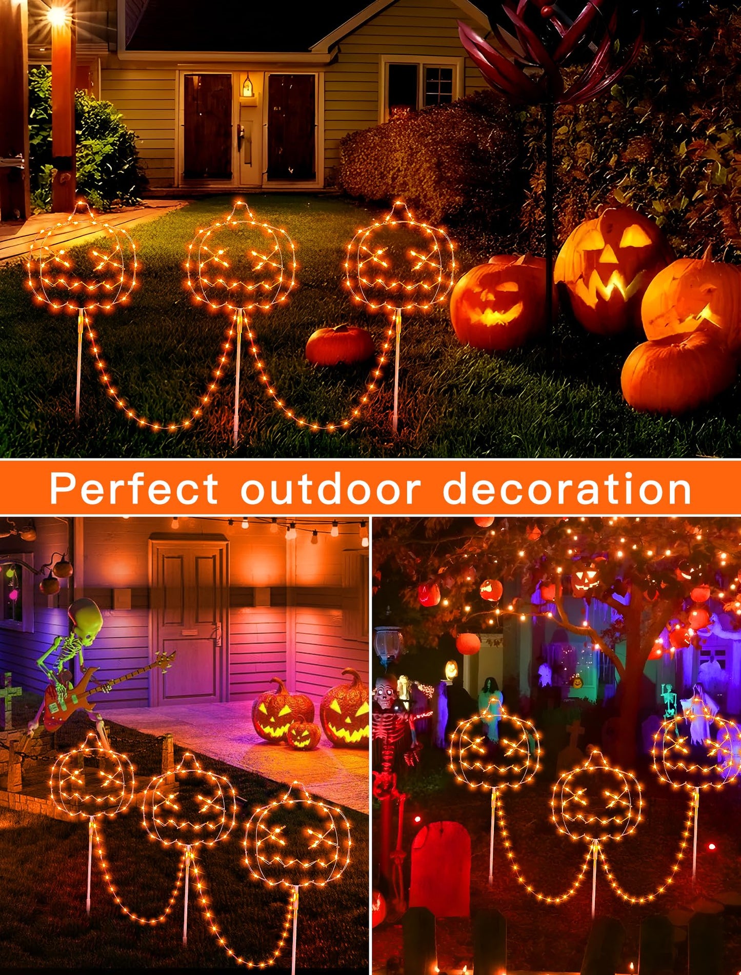 Qunlight Halloween Walkway Lights,163LED Outdoor Pumpkin Decorations Light Plug in,Timer 8 Modes Garden Stake String Lights for Pathway,Fence,Patio,Yard,Party,Halloween Decor-Orange
