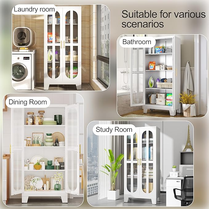 PAOFIN 61.02" Metal Display Storage Cabinet, Tall Kitchen Pantry Cabinets