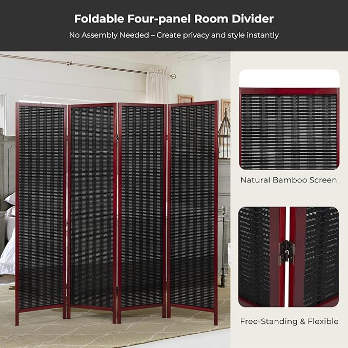 Roundhill Furniture Inkwell 4-Panel Bamboo Room Divider, Folding Portable