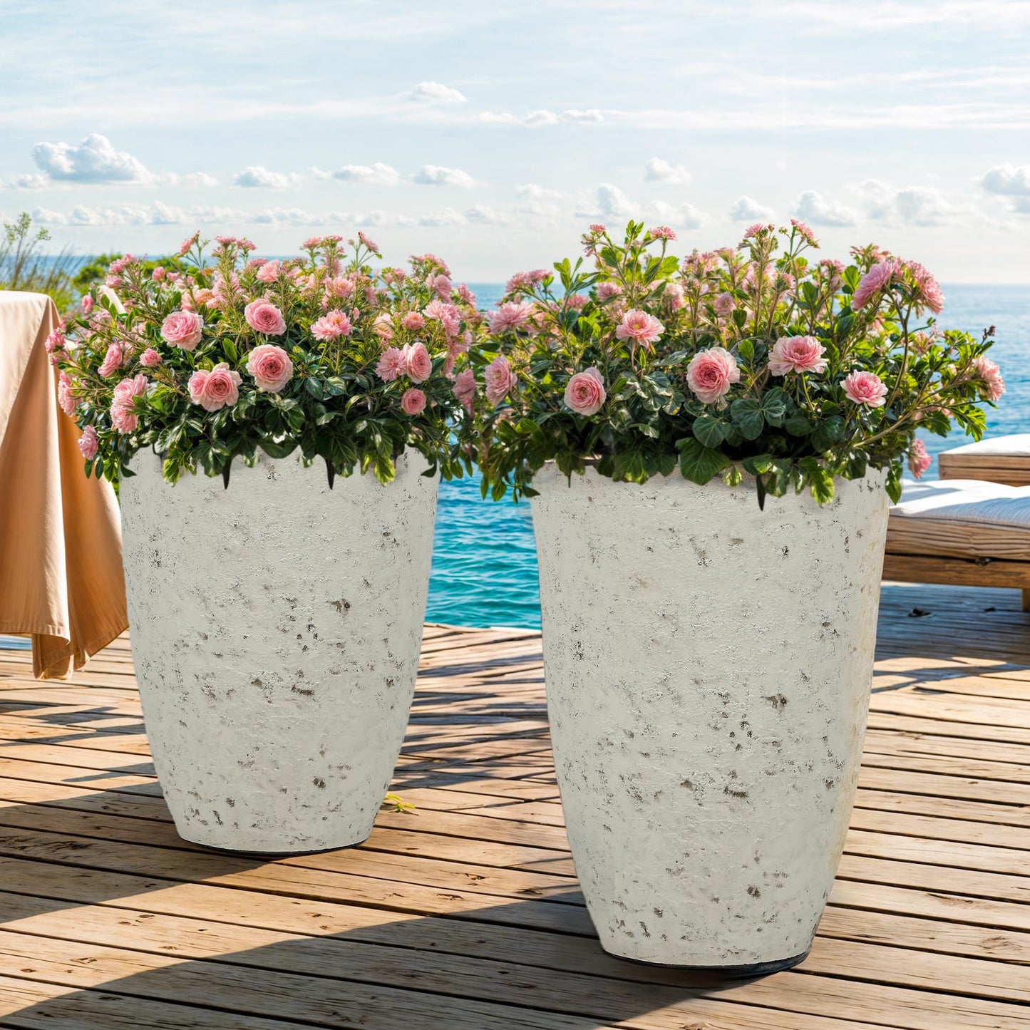 Autodaya 19.5" Resin Tall Planters for Outdoor Plants, Set of 2 Country White Large Flower Pots with Handmade Birch Bark Texture, Heavy-Duty and Weather-Resistant for Year Round Indoor Outdoor use