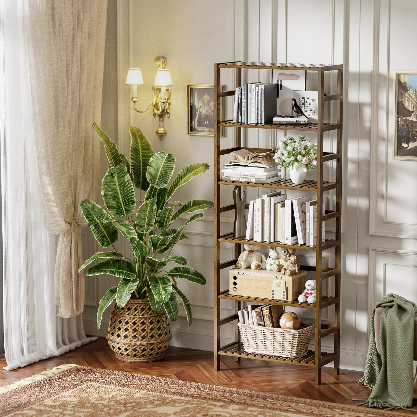 HITNET Bookcase, Bamboo Bookshelf, 6-Tier Adjustable Tall Open Book Shelf, Free Standing Storage Shelves Organizer, Flower Plant Display Stand, Walnut