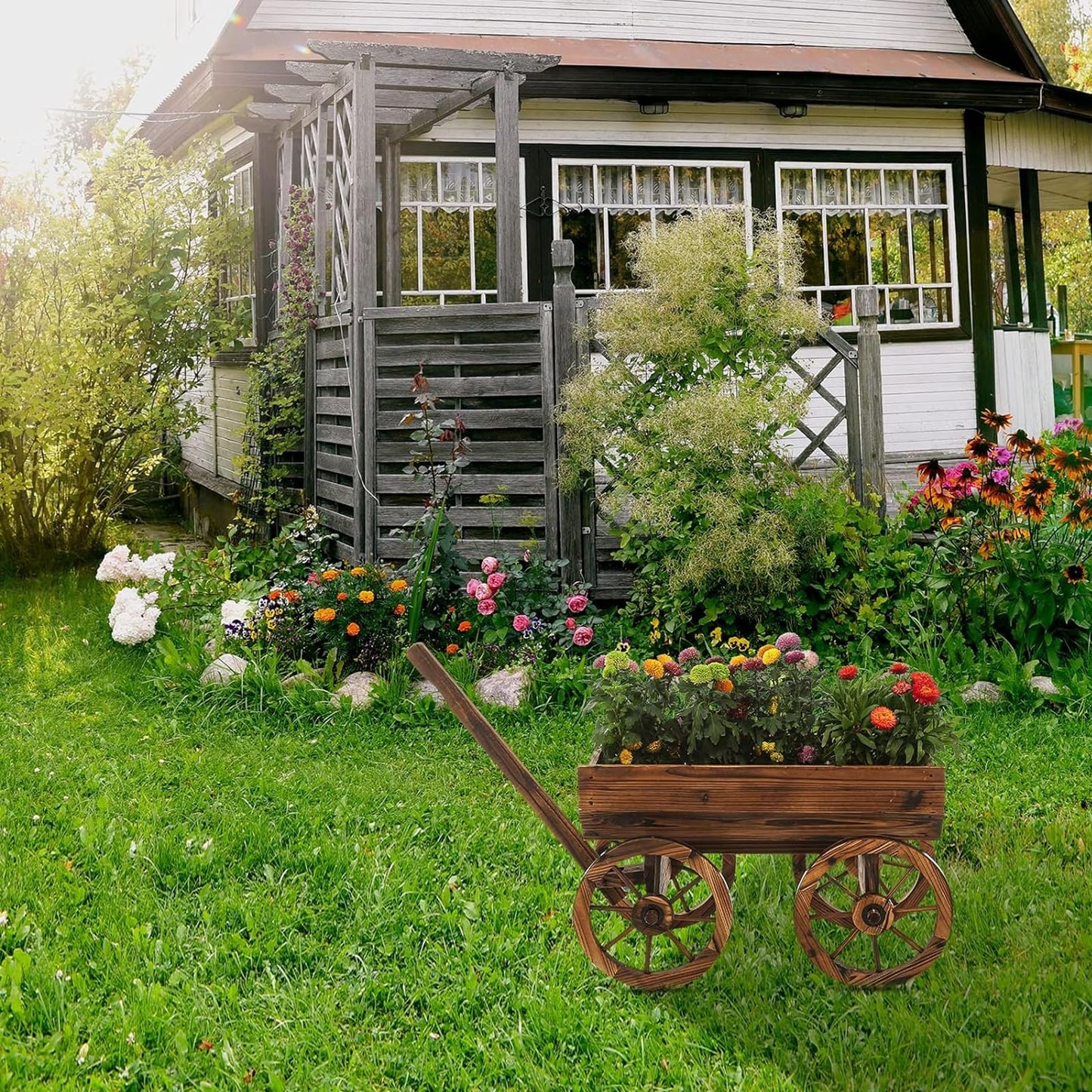 FUCIHOMA Wood Wagon Flower Planter Pot Stand W/Wheels Home Garden Outdoor Decor
