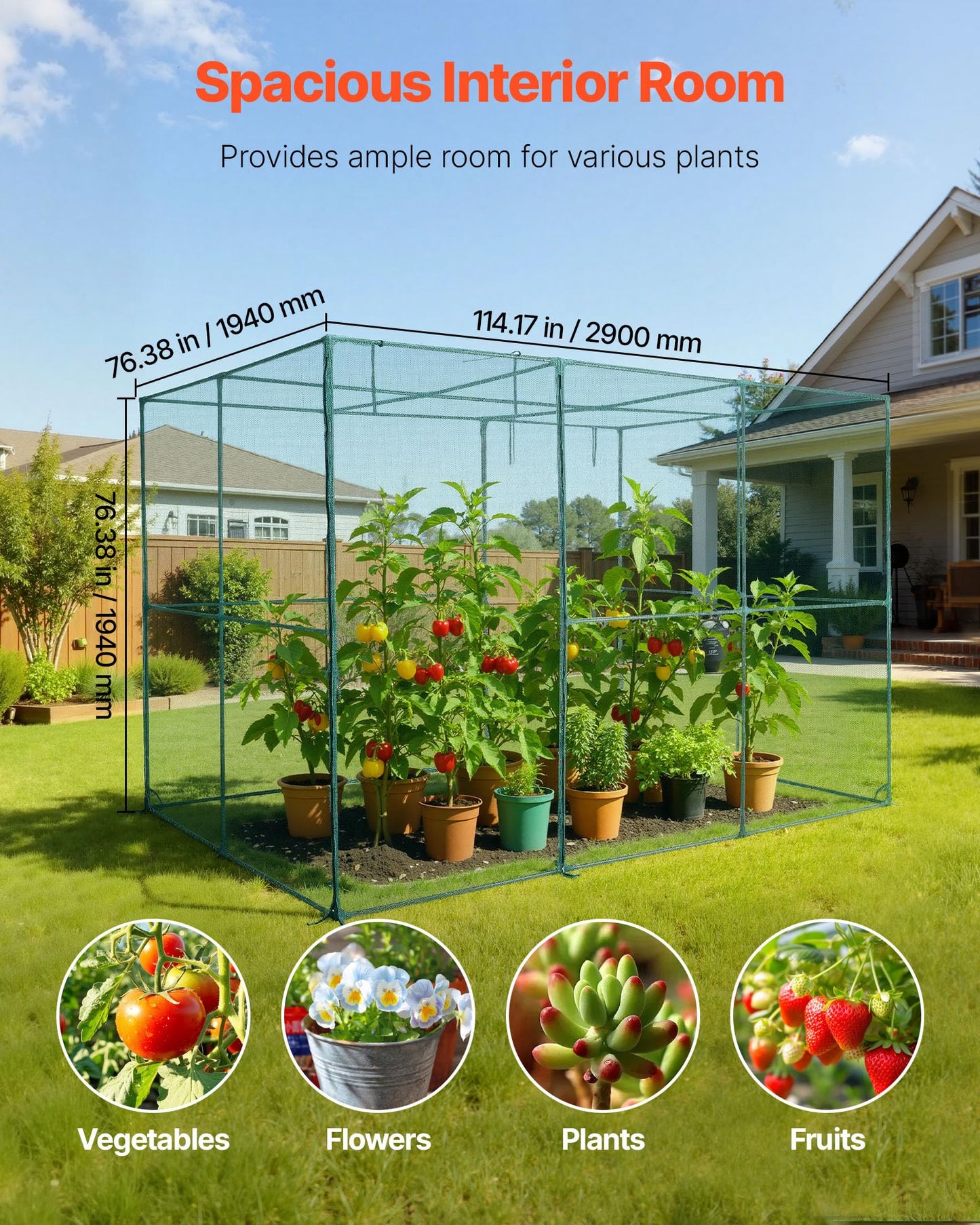VEVOR Crop Cage, 9.5 x 6.36 x 6.36 ft Plant Protection Tent with Zippered Door, Wind-Resistant Tall Crop Cage, Easy to Install, Outdoor Raised Bed Cover, Tomato Plant Netting for Garden Patio Lawn