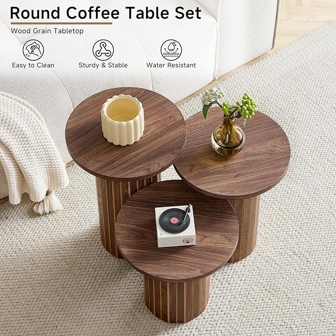 Round Nesting Coffee Table Set of 3 Mid Century Modern Wood Round Coffee Tables