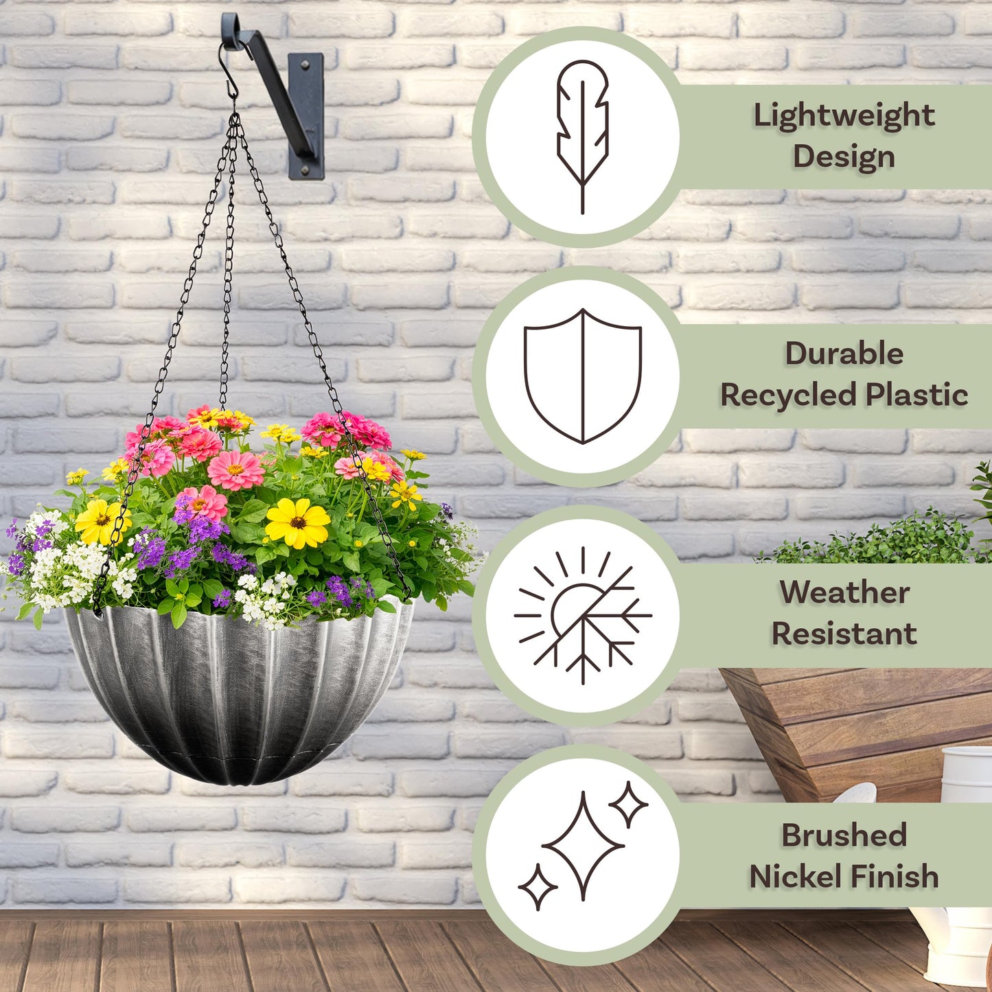 Hanging Planter 2-Pack - 10.25-Inch Durable Plastic Hanging Planters for Indoor Plants or Outdoor Porch Decor with 3 Drainage Holes and Removable Bottom Reservoir by Pure Garden (Gray)