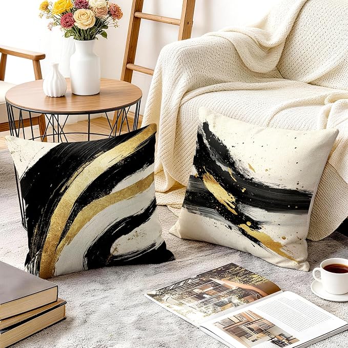 OBSEDE Abstract Black Gold Ink Brush Strokes Throw Pillow Covers 18 × 18 in