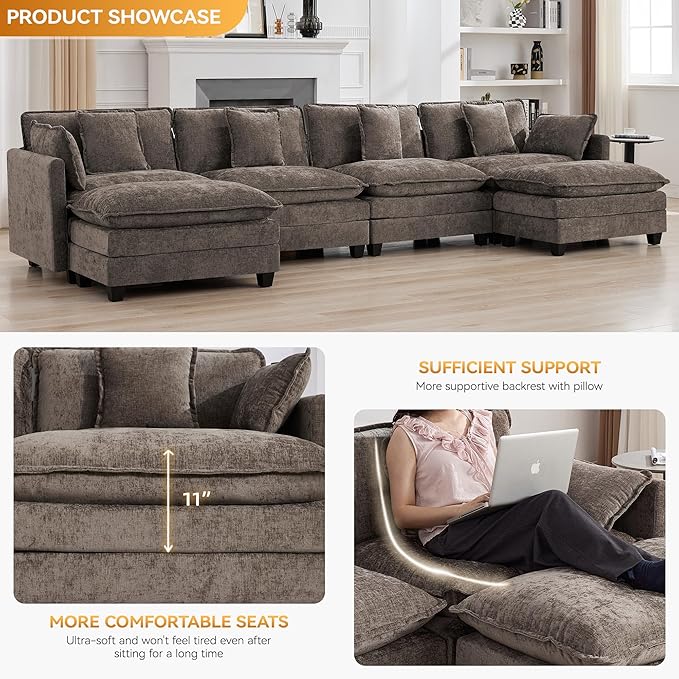 147'' Sectional Cloud Deep Seat Couch, Oversized Chenille U Shaped Sectional
