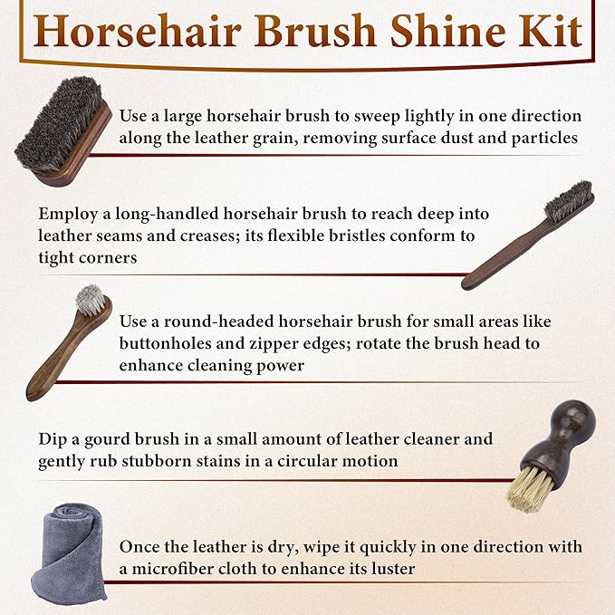5 PCS Leather Brush Car Detailing, Horse Hair Brush, Car Cleaning Supplies