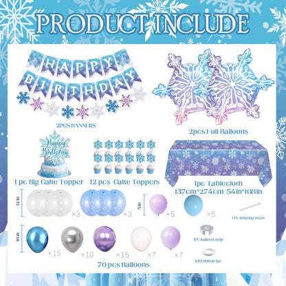 Frozen Birthday Decorations for Girls,Happy Birthday Banners,Blue Purple Balloon Arch Garland Kit,Party Decor Supplies,Foil Snowflake Balloons,Tablecloth