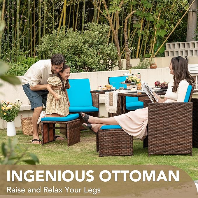 Devoko 9 Pieces Patio Dining Sets Outdoor Space Saving Rattan Chairs