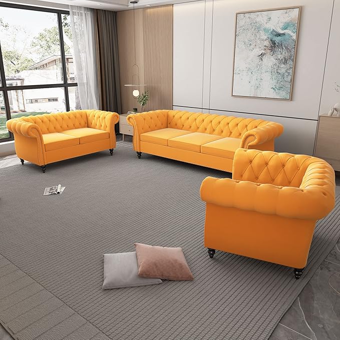 ORRD 3 Piece Living Room Set, Velvet Chesterfield Sofa Loveseat Couch Chair
