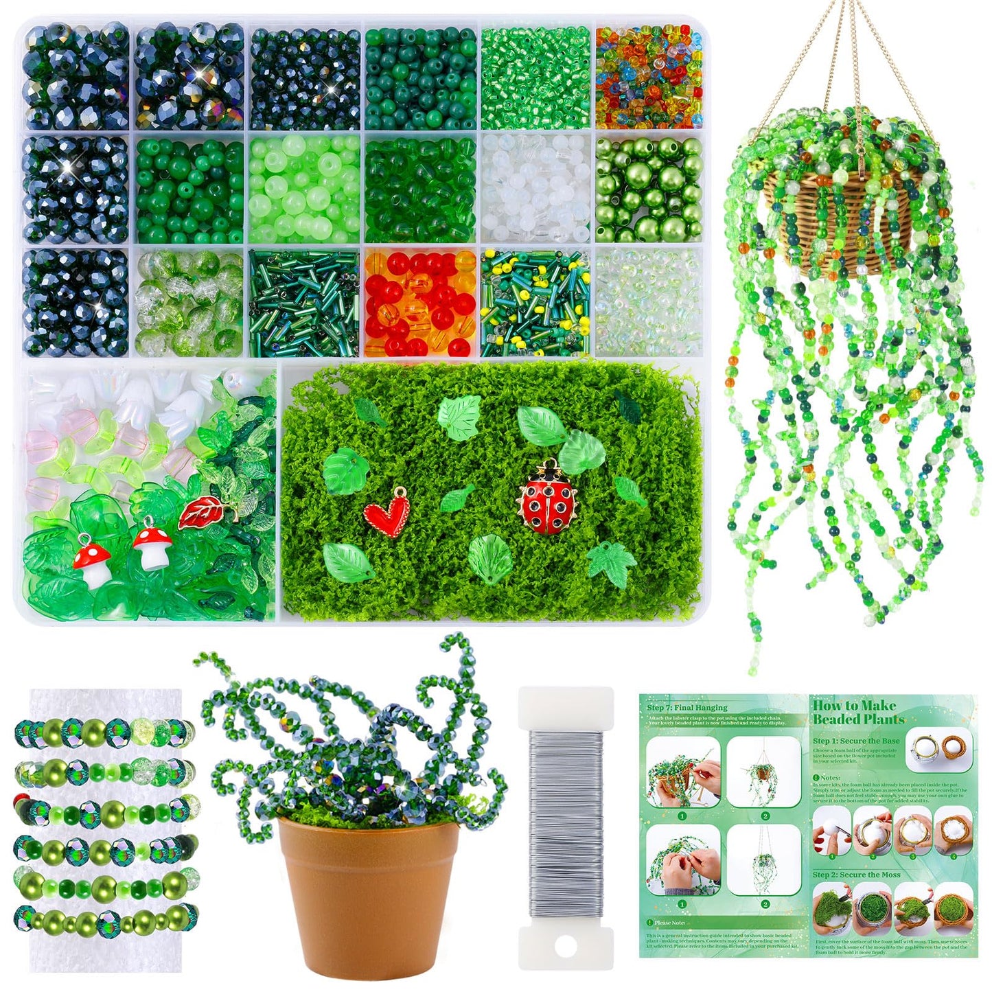 FOGWOWO 2628 Pcs Beaded Plant Kit Green Beads for Beaded Plants,Forever Plant Kit Green Glass Beads Plant Beads for Plants Making,Glass Leaf Bead for Jewelry Making DIY Crafts
