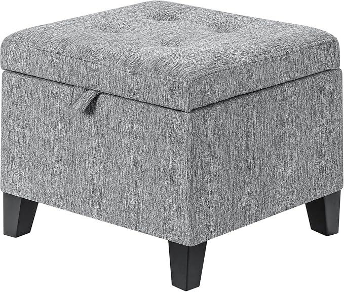 Adeco 18-Inch Cube Storage Ottoman, Upholstered Linen Footrest Stool