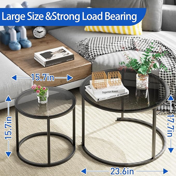 aboxoo Nesting Coffee Table Grey Glass Table Set of 2, Small Round Glass