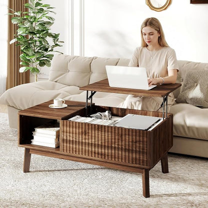 Fluted Lift Top Coffee Table with Storage Shelf and Hidden Compartment, Mid Century Modern Wooden Center Table for Living Room, Home Office, Walnut