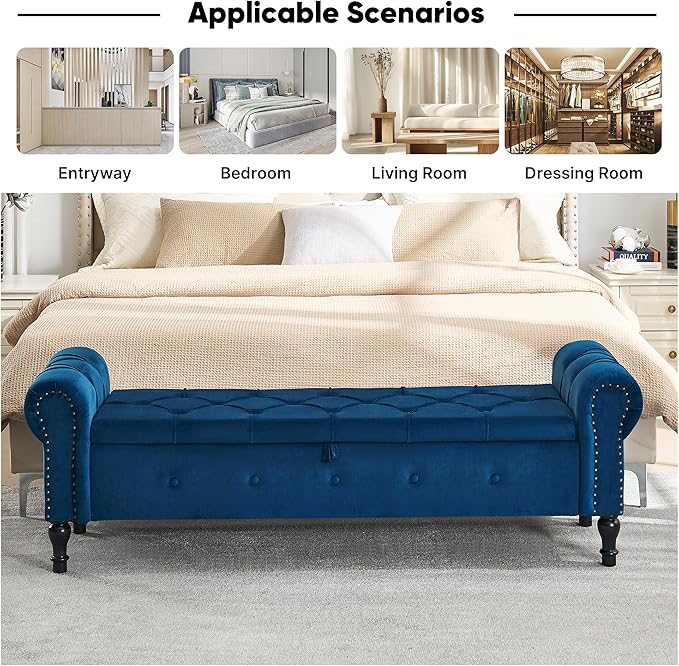 Storage Bench for Bedroom, Velvet 67" End of Bed Bench, King Size Bench