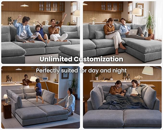 77" Oversized Chenille Couch Modular Sectional Sofa, Washable Cloud Couch