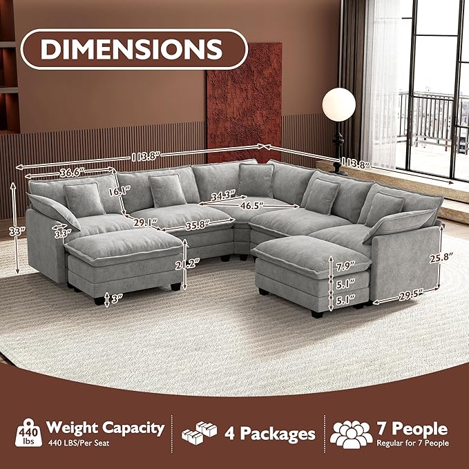 Ihanherry 114" V-Shaped Modern Sofa Modular Sectional Cloud Couch