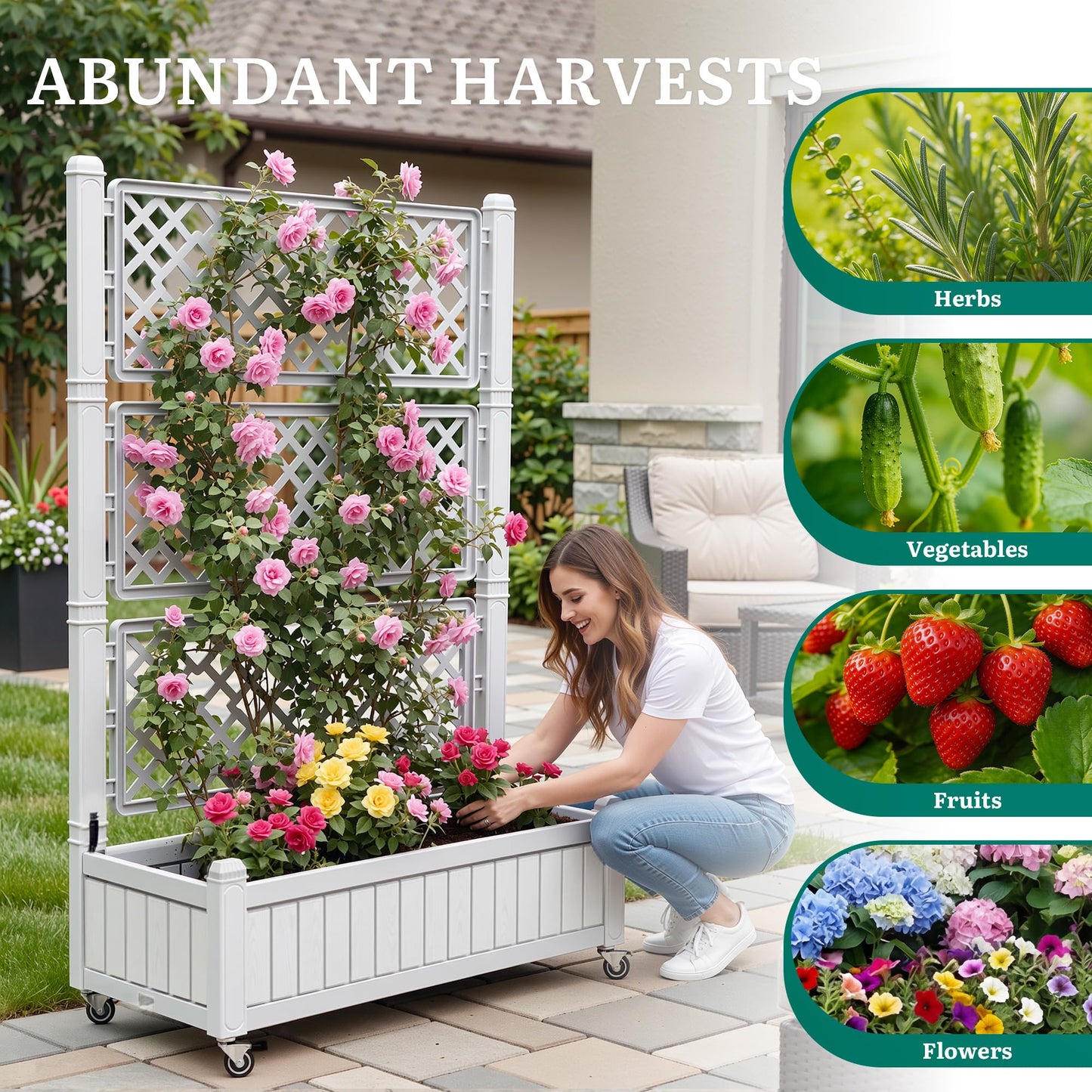 YITAHOME 42.5x14.2x61 in Planter Box with Trellis/Outdoor Privacy Screen, All-Weather Raised Garden Bed with Wheels & Drain Plug for Climbing Plants Flowers Herbs, White