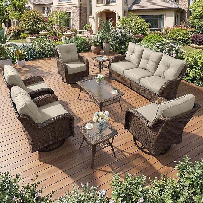 Patio Furniture Set, High Back Rattan Sofa & Swivel Rocker Chairs, Weather