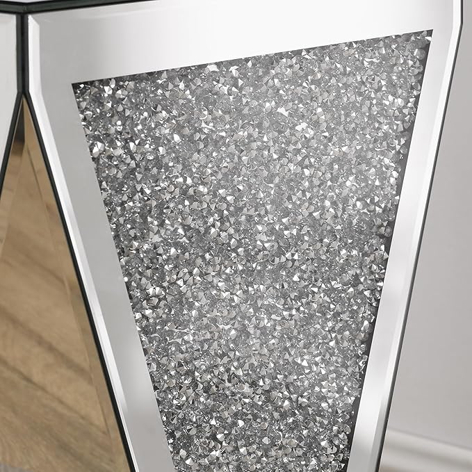 Inverted Triangular Mirror Square End Table, Crystal Diamond Inlaid Coffee Table