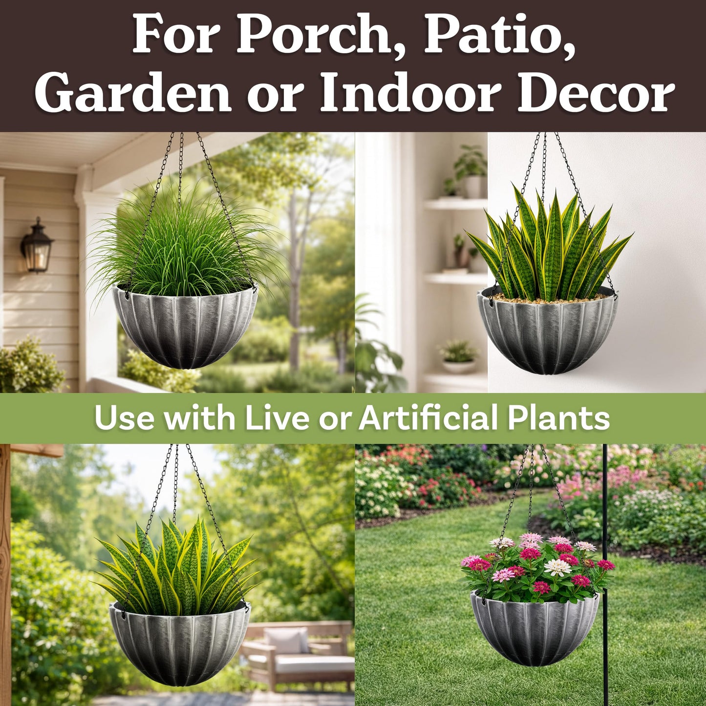 Hanging Planter 2-Pack - 12.5-Inch Durable Plastic Hanging Planters for Indoor Plants or Outdoor Porch Decor with 3 Drainage Holes and Removable Bottom Reservoir by Pure Garden (Gray)