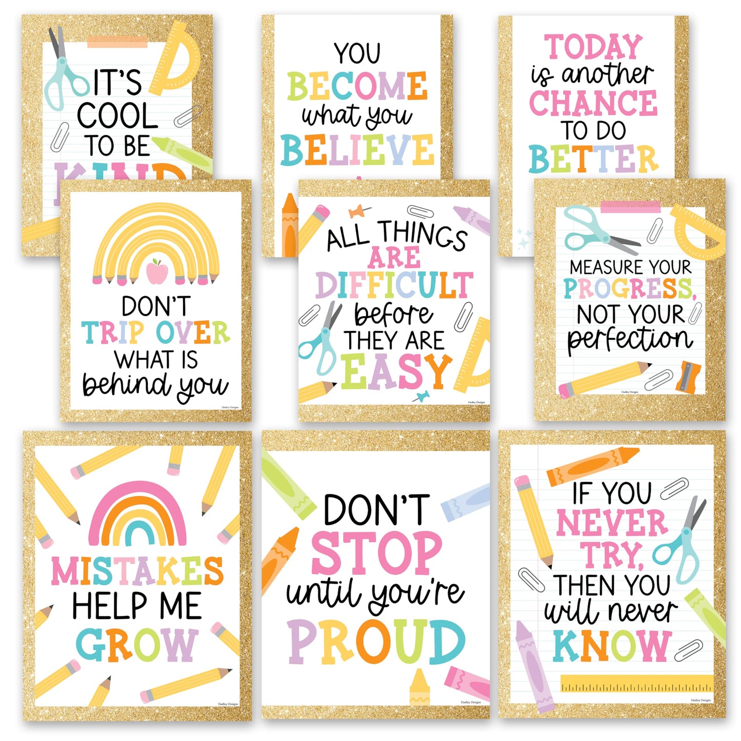 Hadley Designs Motivational Poster for Classroom Decor - 9 Growth Mindset Classroom Posters Elementary, Inspirational Wall Decor Middle School, Teacher Must Haves, Pastel Bulletin Board Decorations