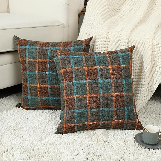 Stellhome Pack of 2 Fall Linen Buffalo Check Throw Pillow Covers, Farmhouse